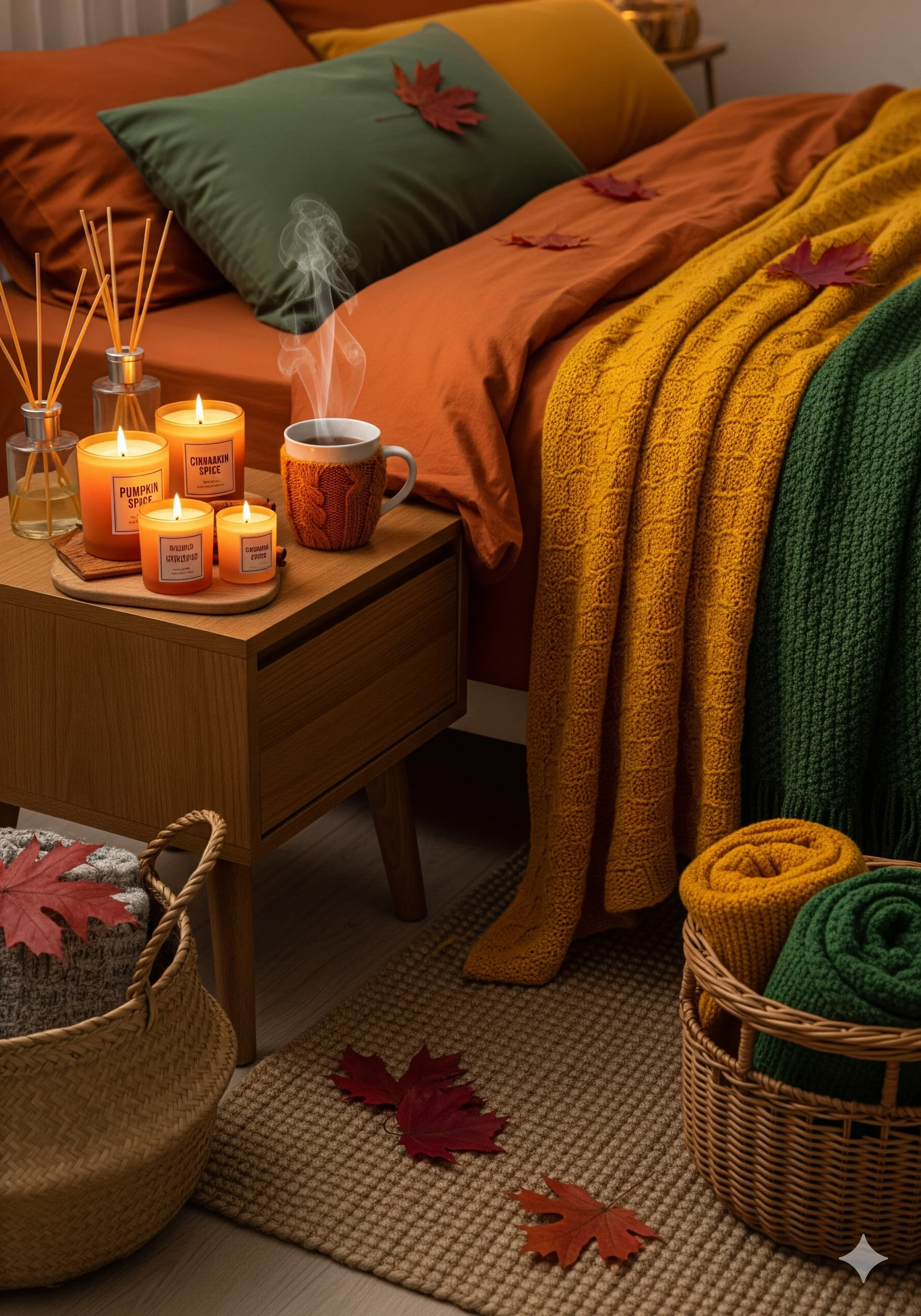 Moody Bedroom Aesthetic with fall scented candles like amber, cedarwood, or vanilla.