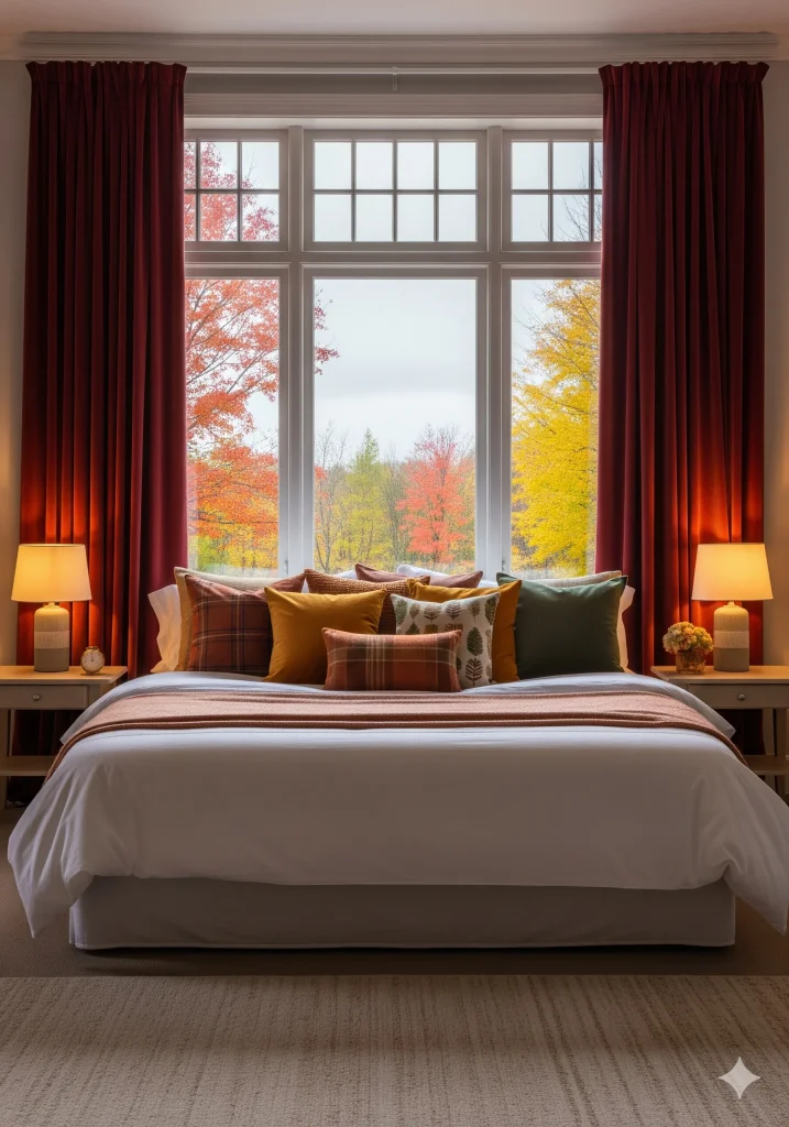 A cozy bedroom with a large window overlooking vibrant autumn trees.