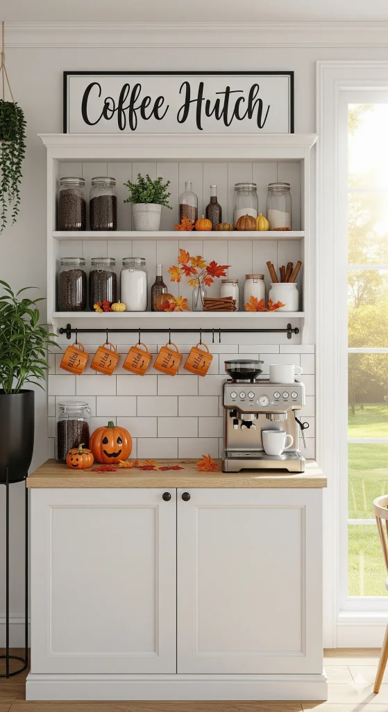 Home Coffee Station Ideas
A cozy fall-themed coffee hutch with a coffee machine, mugs, jars, and pumpkin decorations.