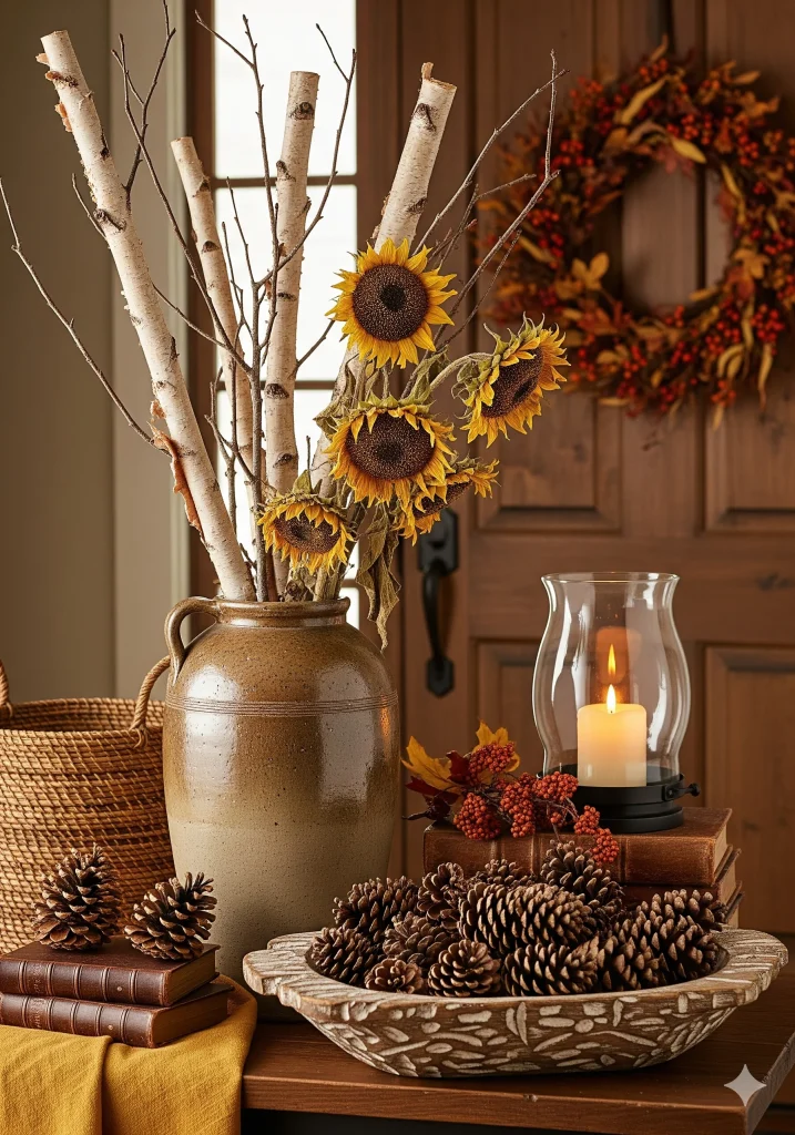 Autumnal home decor with sunflowers, birch branches, pinecones, and a lit candle."