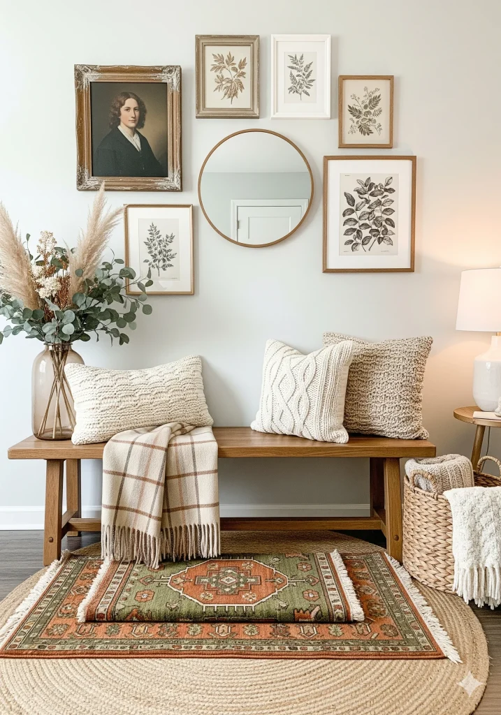 A cozy entryway with a wooden bench, decorative pillows, a plaid throw blanket, pampas grass in a vase, framed botanical prints, and a round mirror on a light-colored wall.