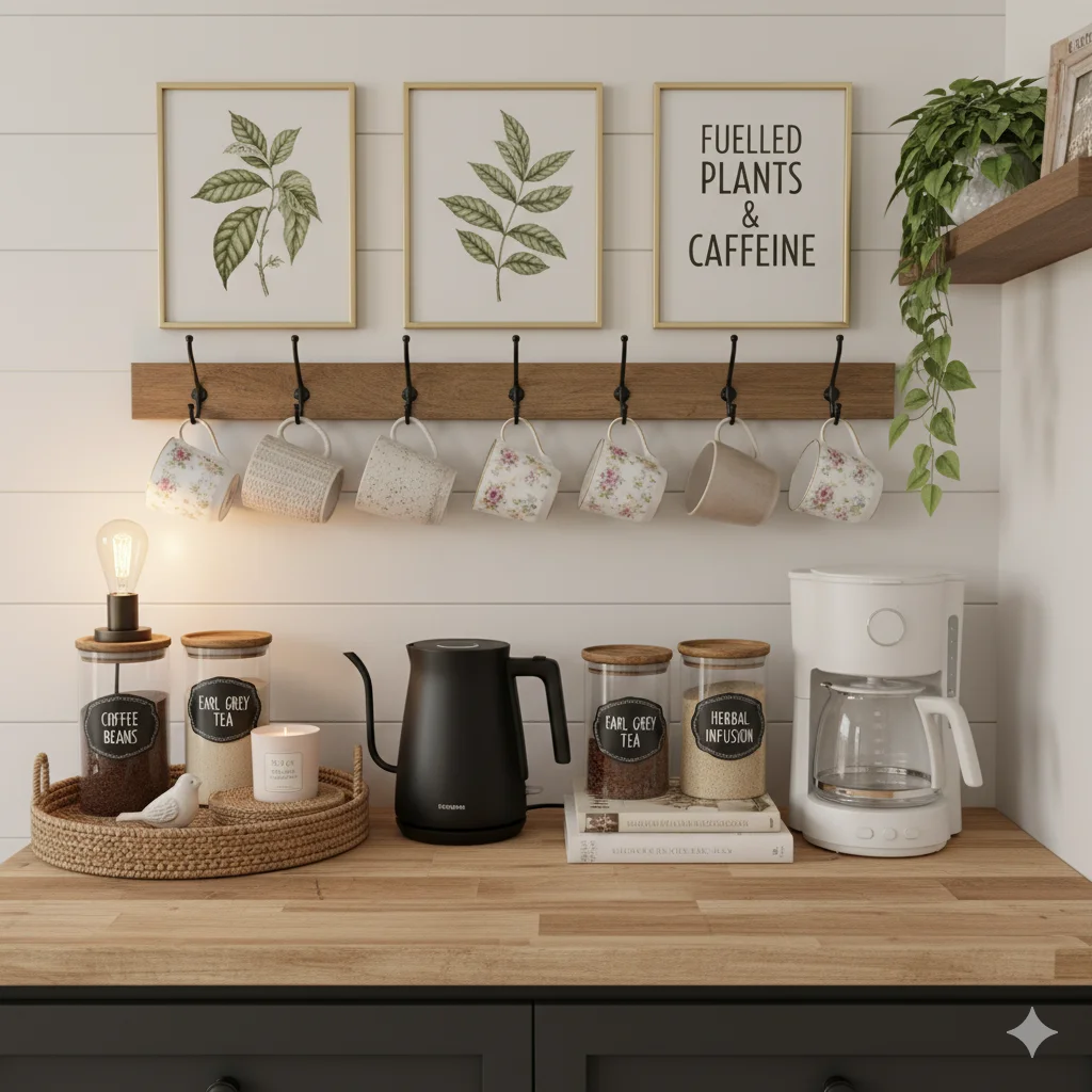 Home Coffee Station Ideas
A coffee and tea station on a wooden counter with mugs, a coffee maker, kettle, and labeled jars for coffee beans, Earl Grey tea, and herbal infusion.