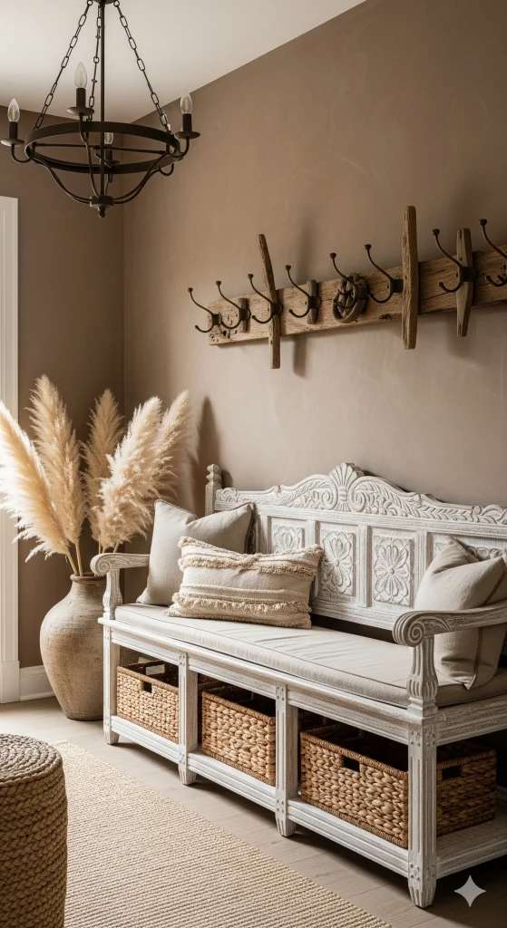A rustic entryway with a white carved bench, wicker baskets, a wooden coat rack, and pampas grass in a large vase.