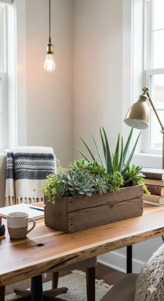 A rectangular wooden box planter filled with various succulents and aloe vera plants on a wooden desk in a home office nook.