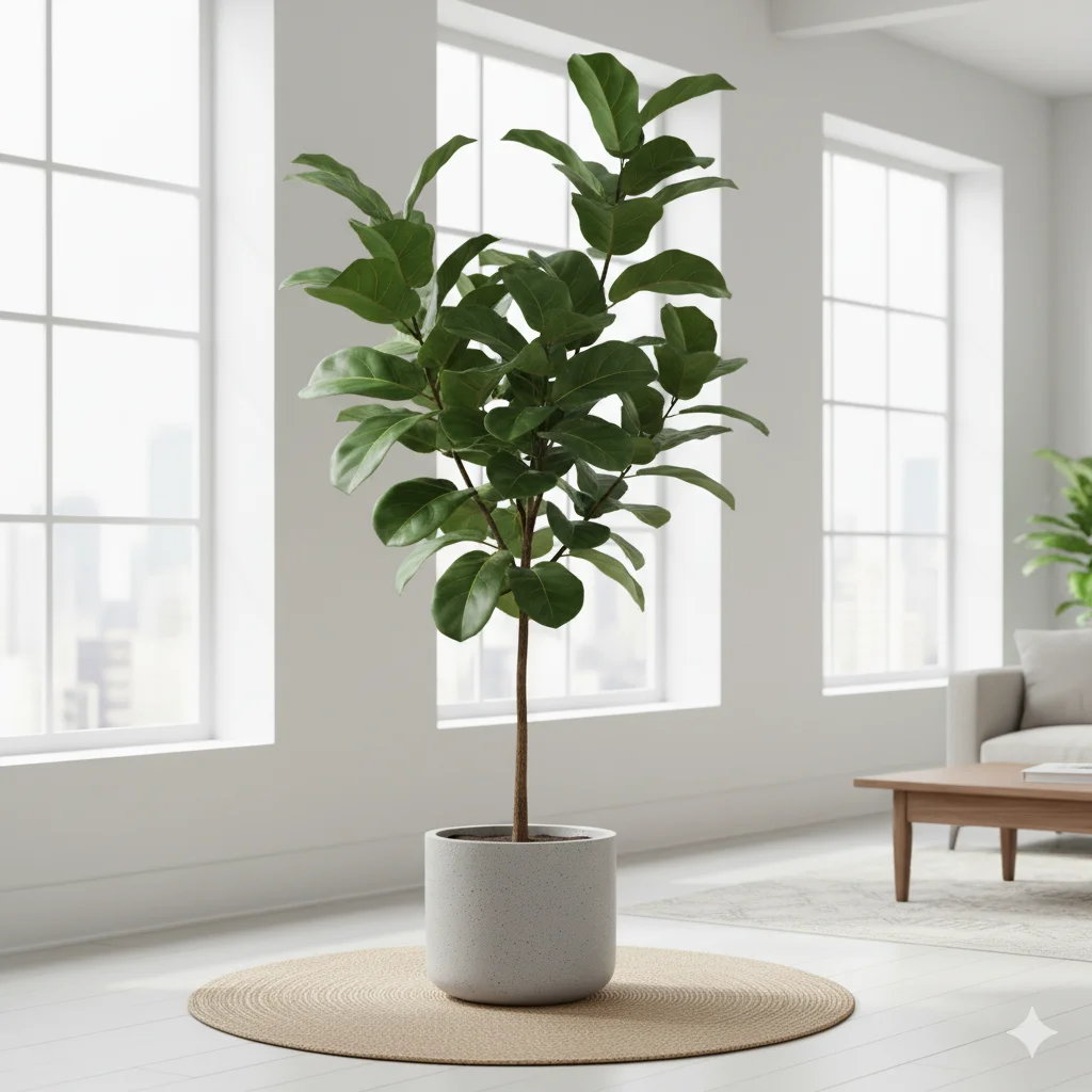 A tall fiddle leaf fig tree in a modern planter, styled in a bright living room