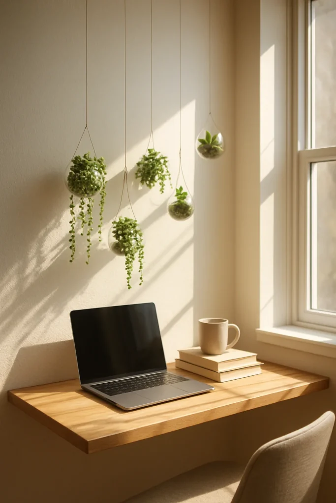 A cozy desk setup with a laptop, books, a mug, and hanging succulent plants by a sunlit window.