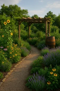 Guide to Sustainable Gardening and Landscaping A garden path leading to a wooden pergola with a rain barrel and blooming flowers like sunflowers and lavender.