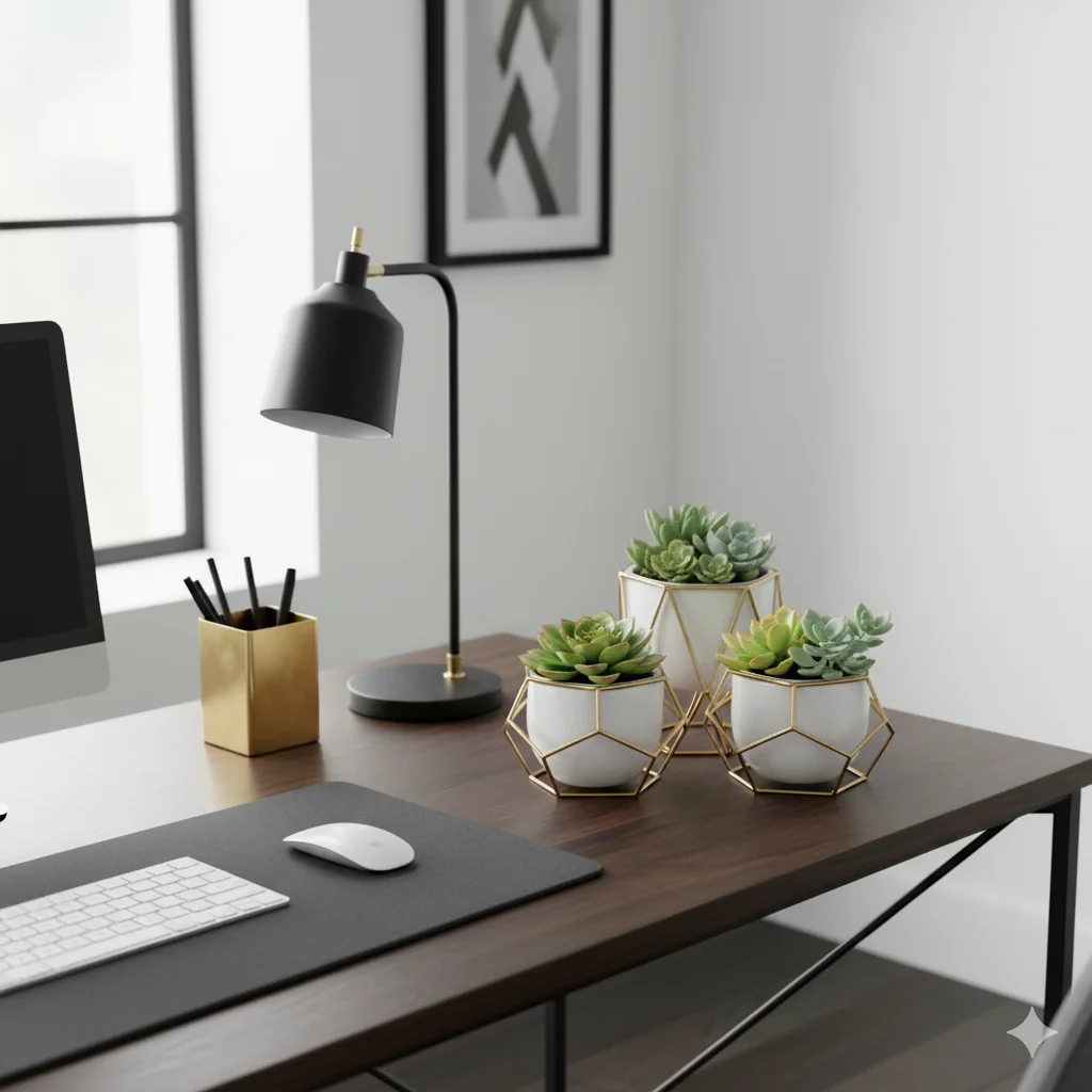 An office desk adorn with a lamp, computer monitor, and three potted succulents planters.
