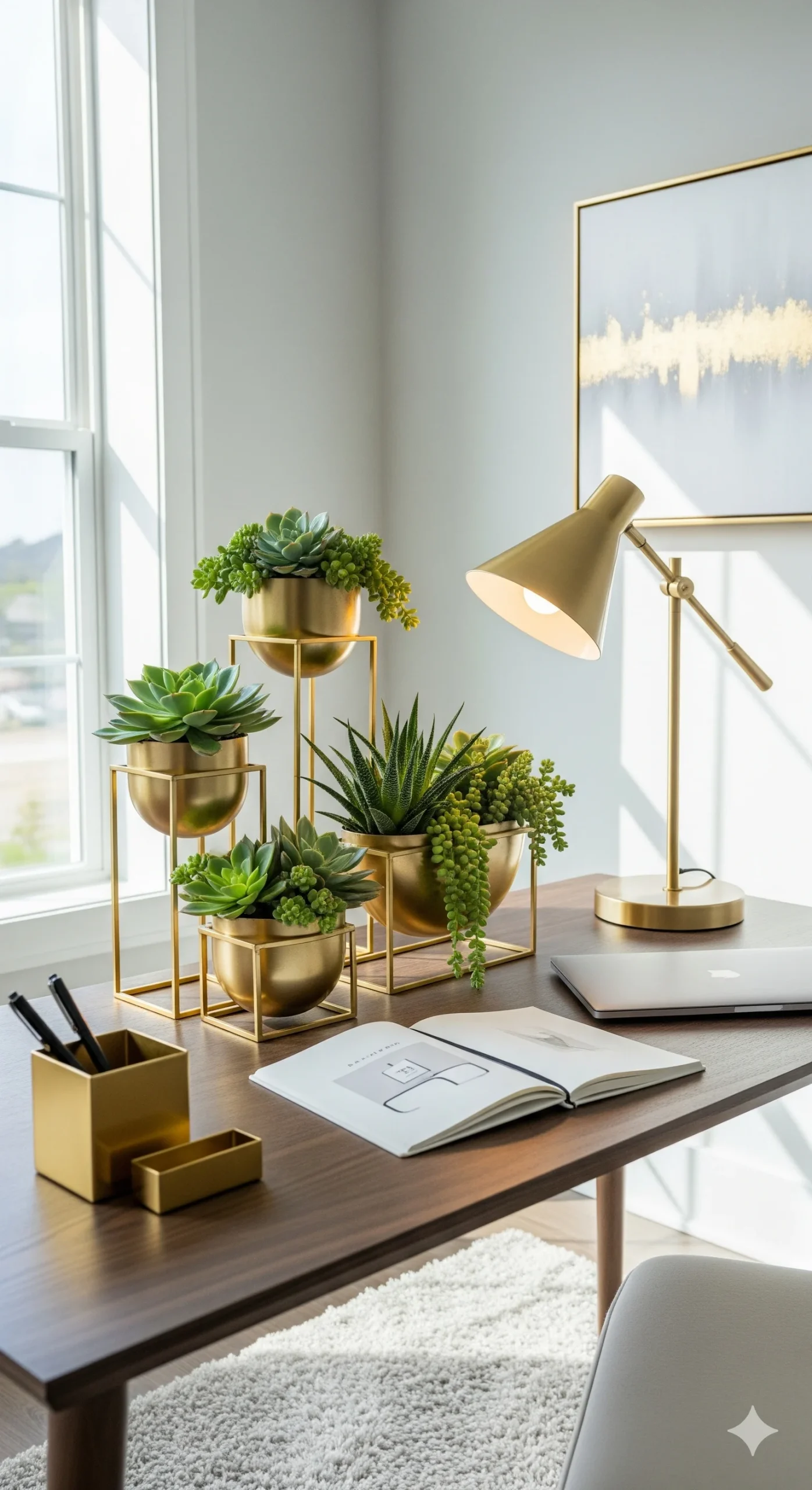 An office desk by a window with golden planters holding succulents, a matching golden desk lamp, and a laptop.