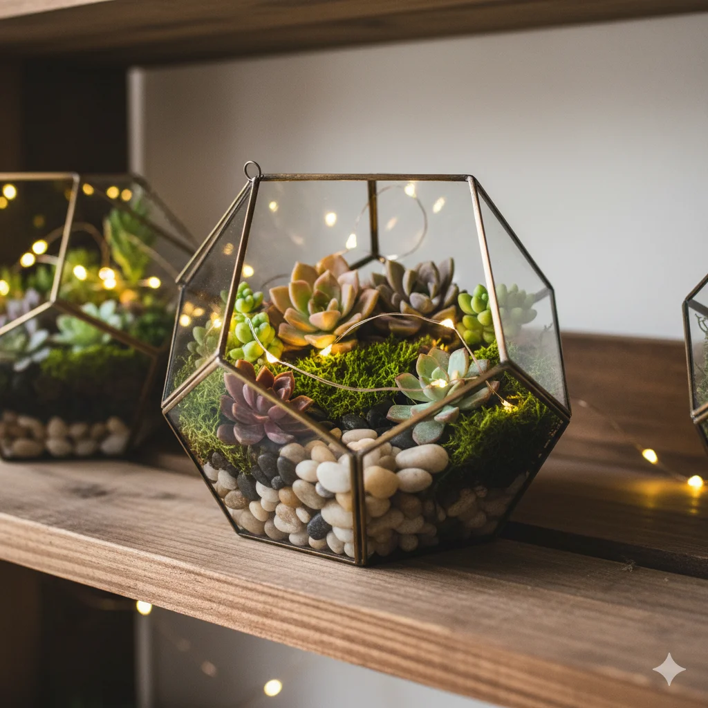 Gardens Under Glass
A geometric glass terrarium containing succulents, moss, pebbles, and fairy lights on a wooden shelf.