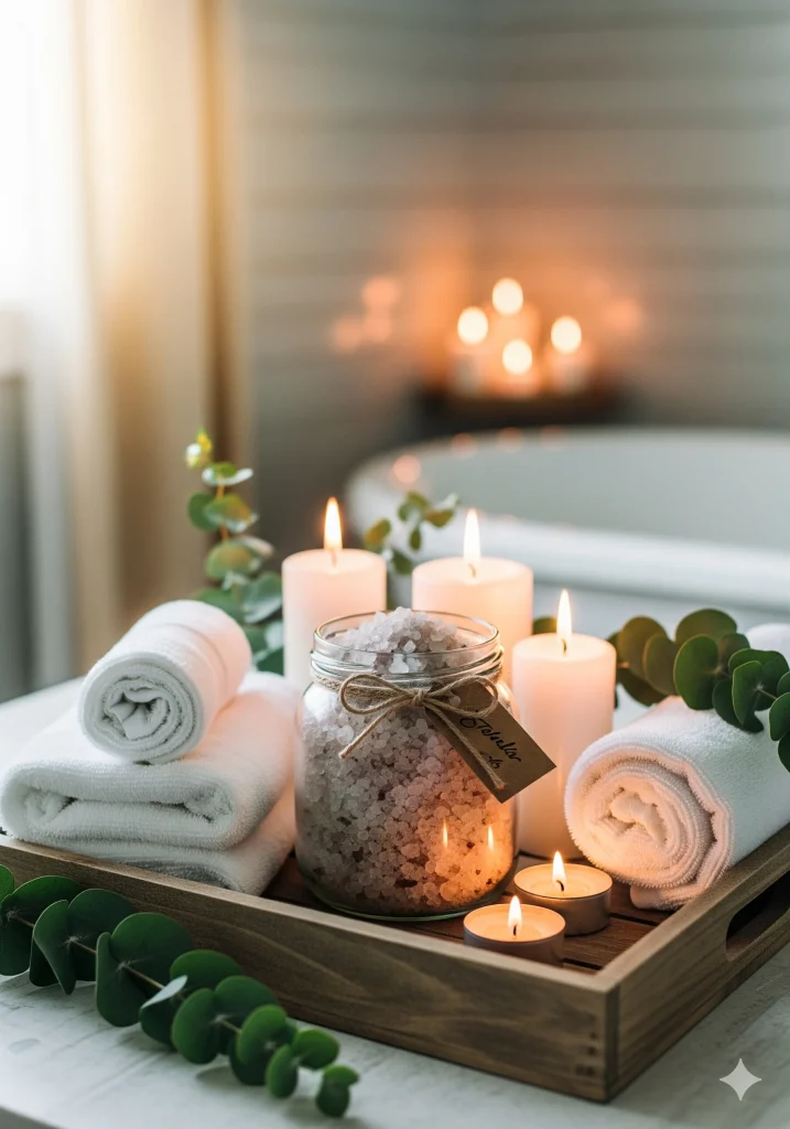 A jar of bath salts and lit candles on a wooden tray with rolled towels and eucalyptus leaves, creating a relaxing spa ambiance.