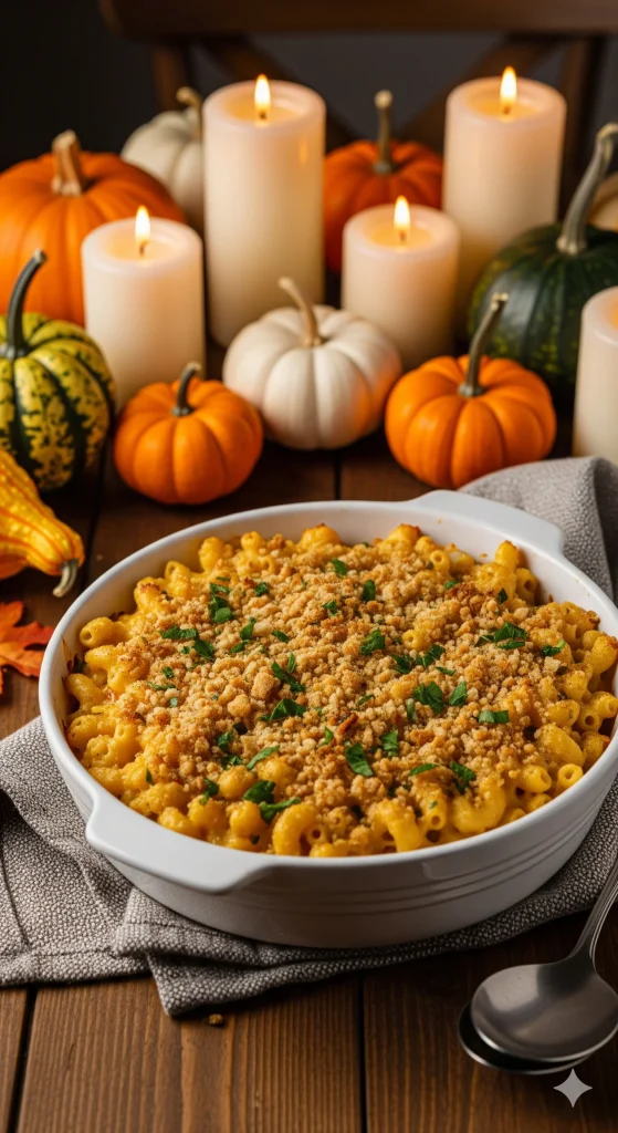 A casserole dish of butternut squash mac and cheese with a breadcrumb topping, surrounded by fall decor. 