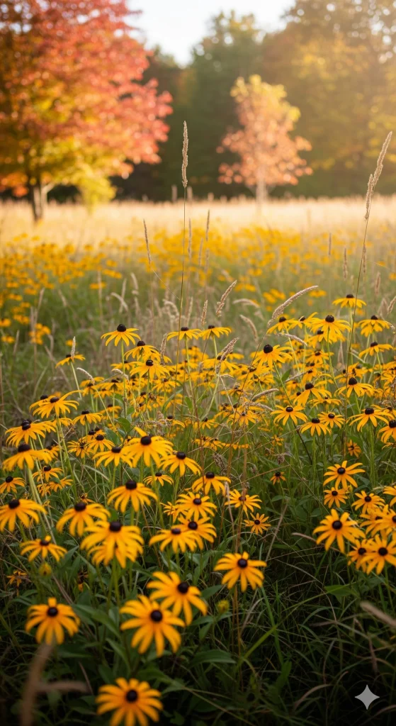 A field of yellow Black-eyed Susan flowers with autumn trees in the background.