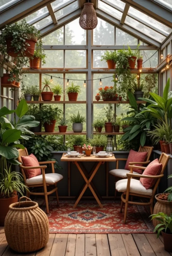 A cozy sunroom or greenhouse filled with numerous potted plants and a small wooden table set for two.