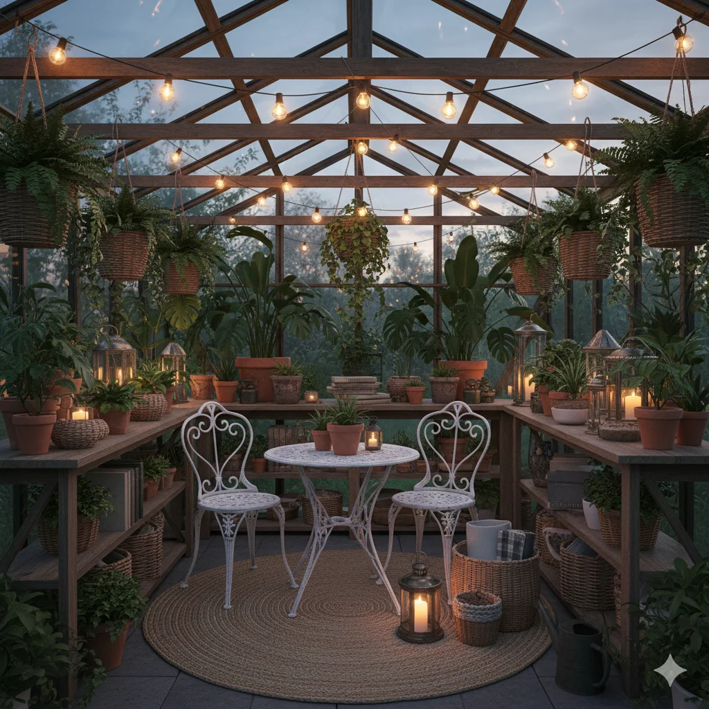 A cozy greenhouse interior at night, illuminated by string lights, with various plants, a small table, and two chairs.