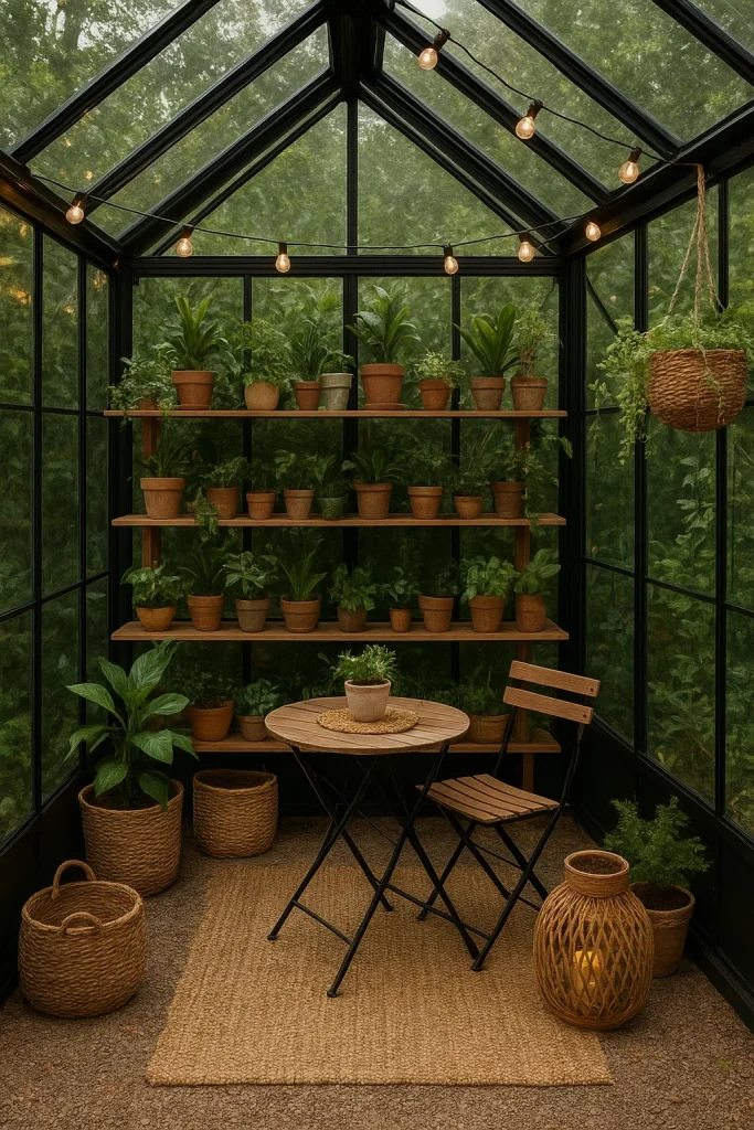 Gardens Under Glass
A cozy greenhouse with various potted plants on shelves, a small wooden table and chair, and hanging baskets.