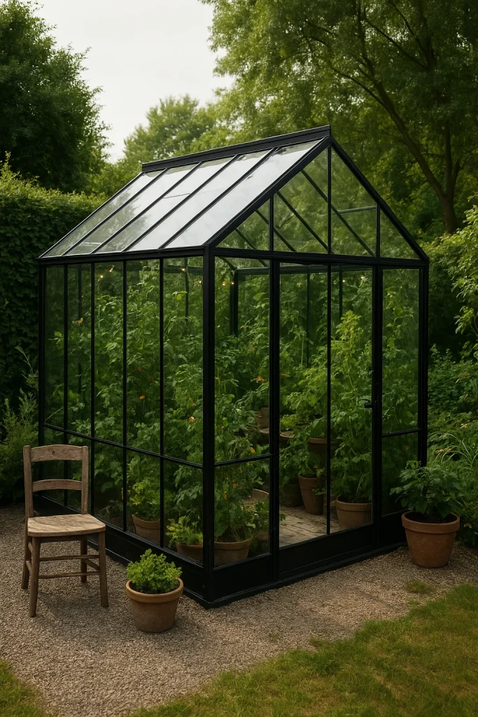 Gardens Under Glass
A black-framed greenhouse filled with lush green plants, with a wooden chair and potted plants outside on a gravel path.
