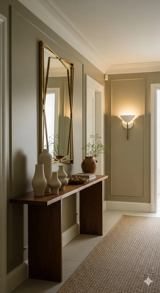 A hallway featuring a wooden console table with vases and a bowl, a tall gold-framed mirror, a wall sconce, and a textured rug.