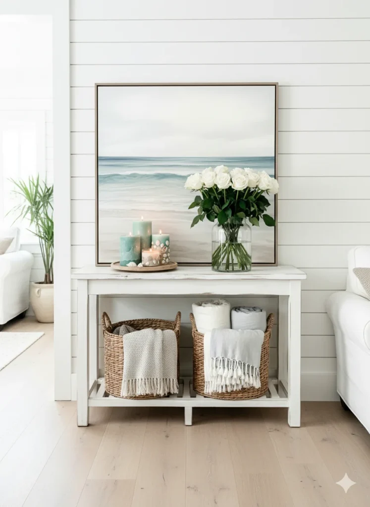 A coastal-themed living room setup featuring a white console table with a seascape painting, a vase of white roses, and candles on top, and two woven baskets filled with blankets on the shelf below. 
