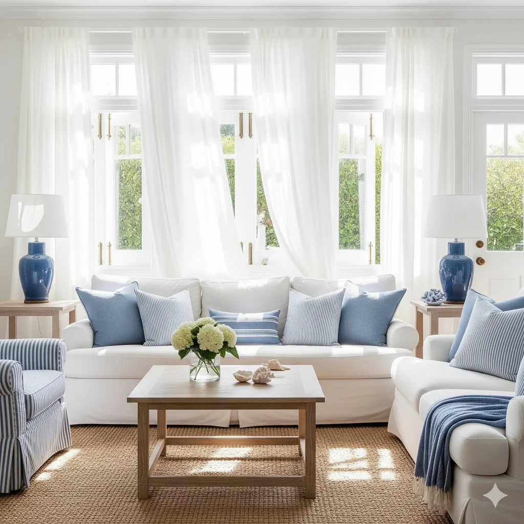 A bright, airy living room with white furniture, blue accents, sheer white curtains, and a natural fiber rug.