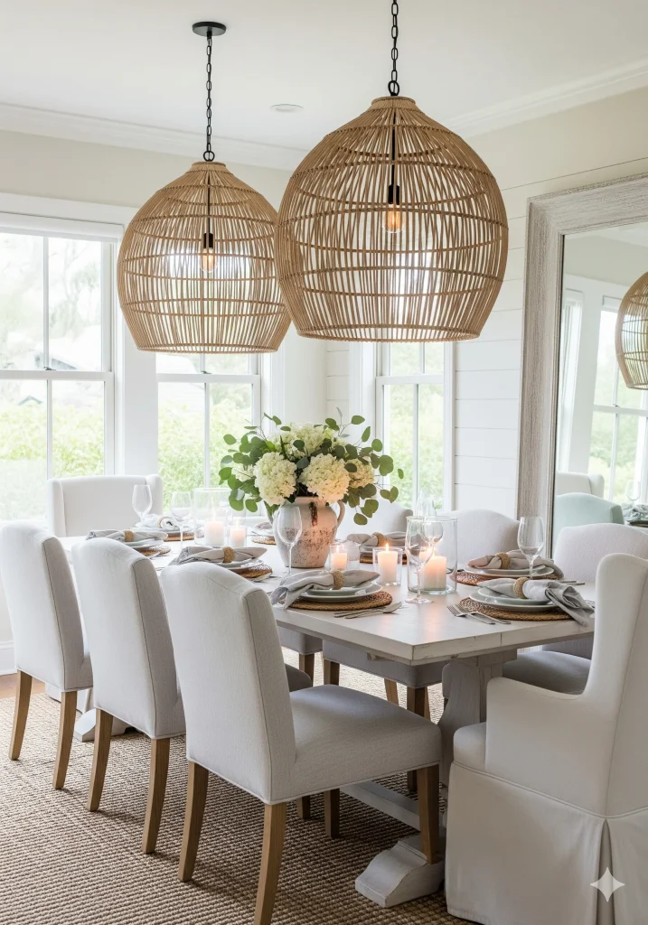 Dining room with a white table set for a meal, featuring large woven rattan pendant lights and white upholstered chairs.