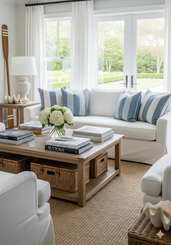 A bright coastal living room featuring a white slipcover sofa with blue and white striped pillows, a wooden coffee table with books and a vase of hydrangeas, and large windows overlooking a garden. 