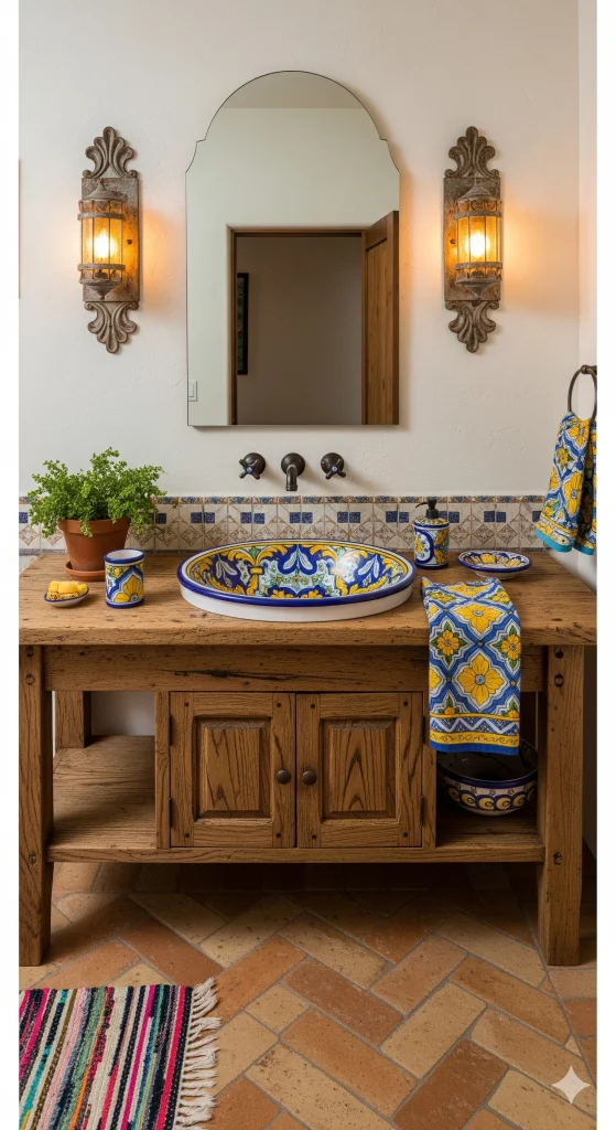A vibrant bathroom featuring a colorful, hand-painted vessel sink, rustic wooden vanity, ornate wall sconces, and blue and yellow patterned towels and accessories.