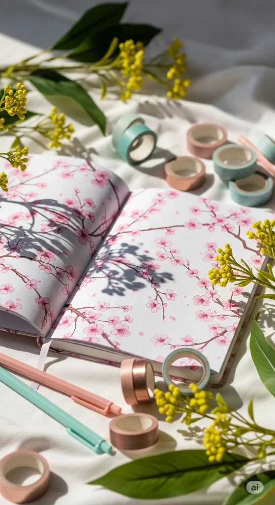 Open notebook or bullet journal with cherry blossom design, surrounded by pink and teal washi tape.