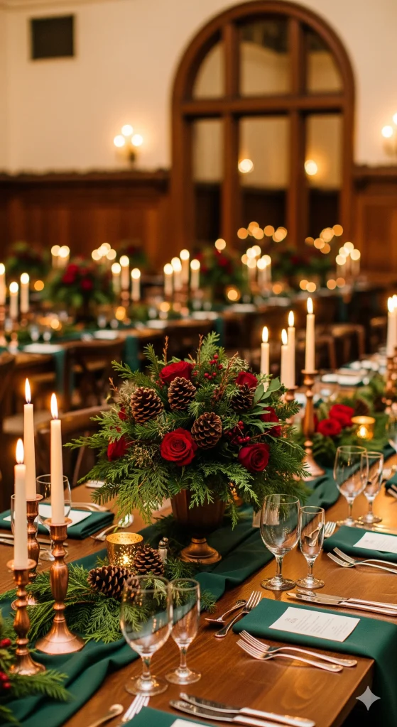 A festive table setting with a centerpiece of red roses, pinecones, and evergreen branches, surrounded by candles and glassware.
