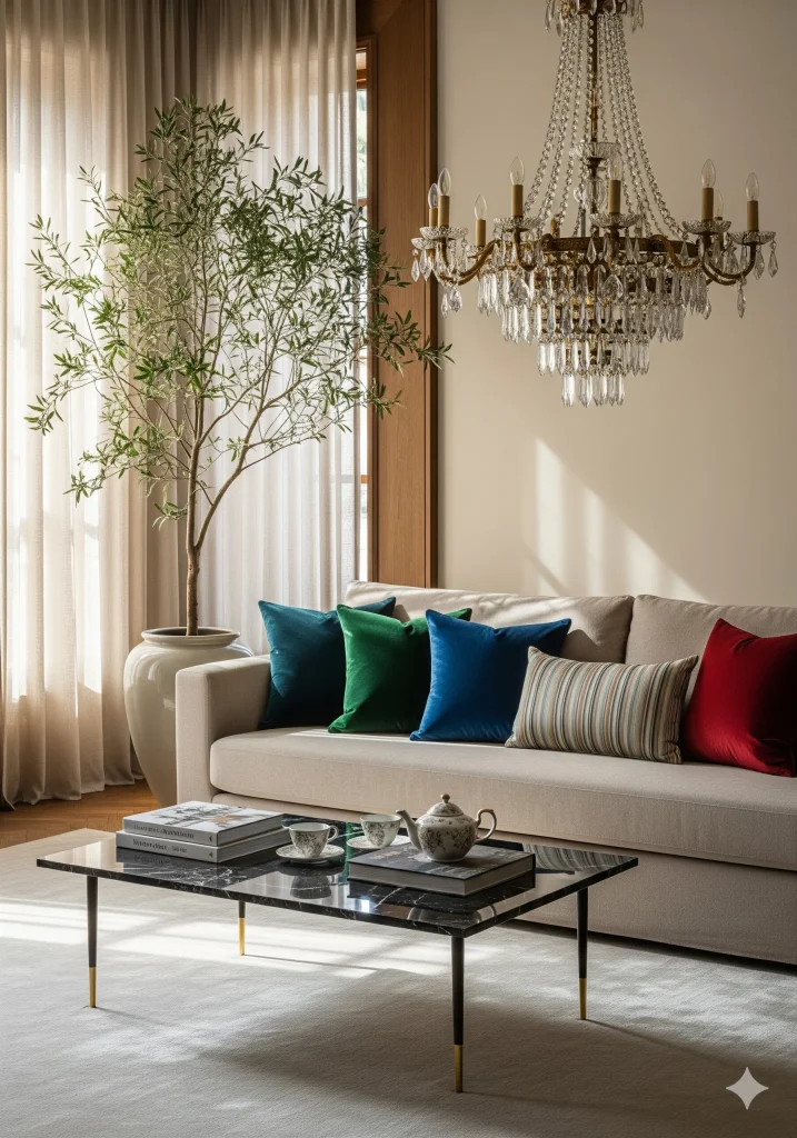 A living room with a sofa, colorful pillows, a coffee table, a potted olive tree, and a crystal chandelier.