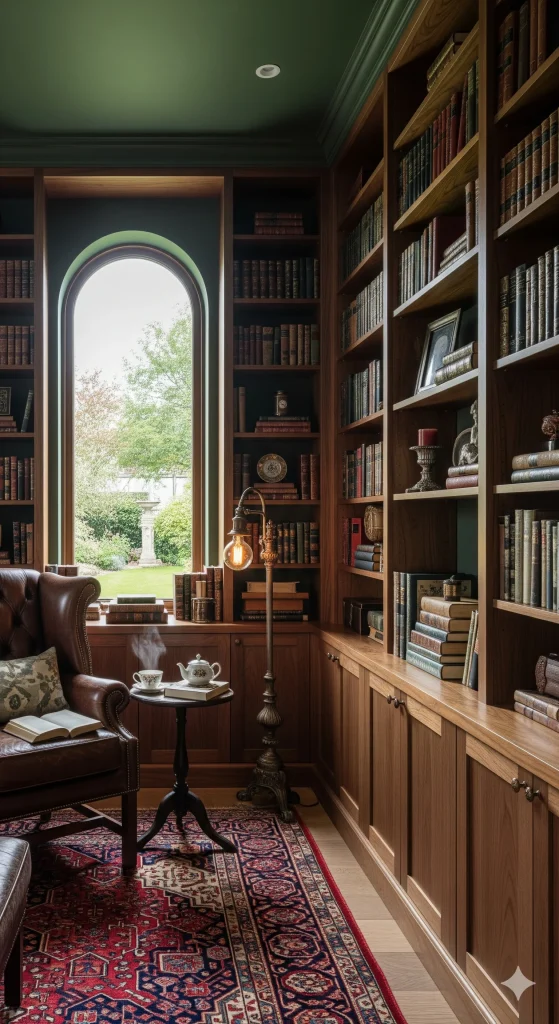 A cozy library nook with a brown leather armchair, a small table with a teacup and book, and tall wooden bookshelves filled with books, beside a large arched window overlooking a garden.