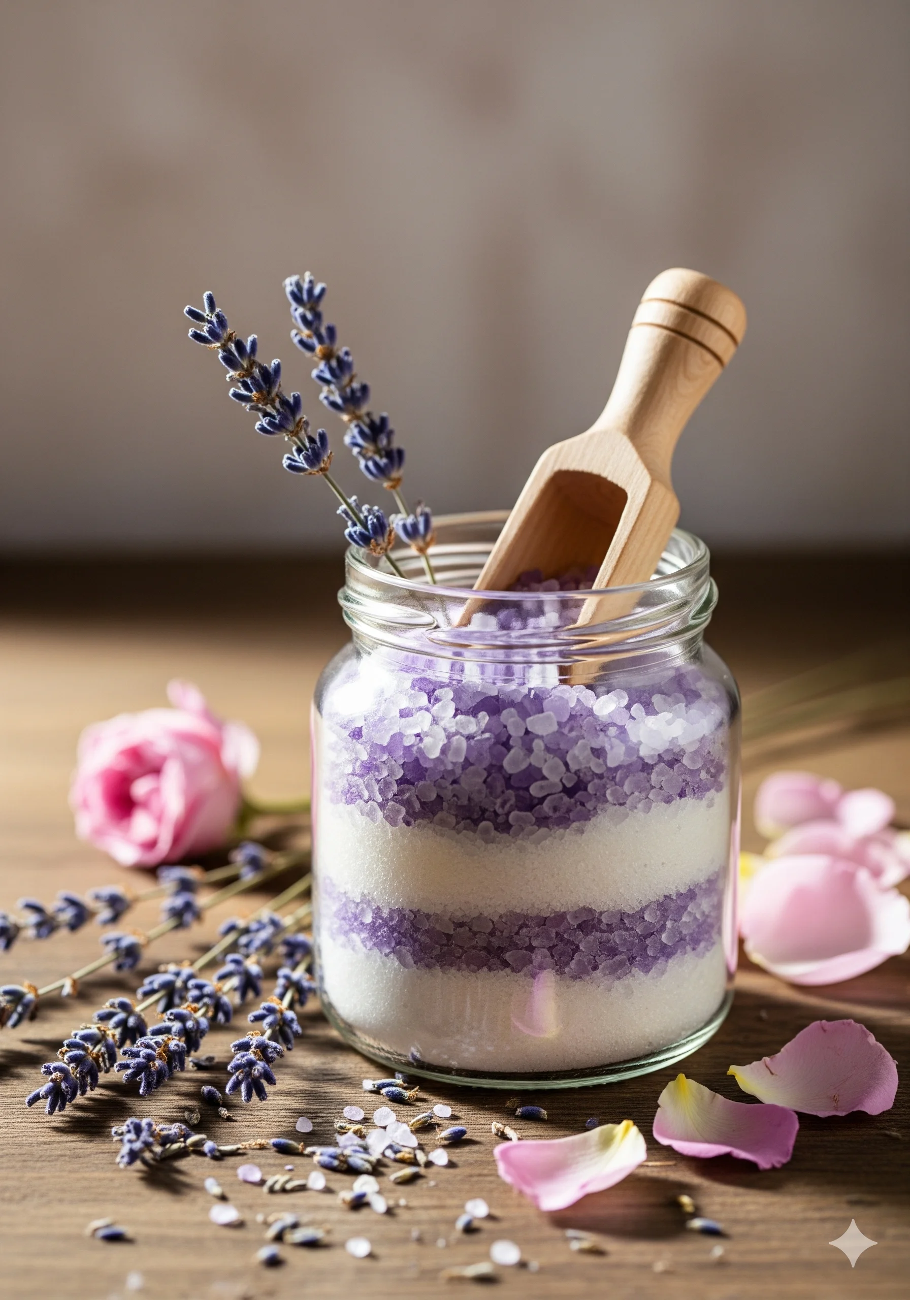 Homemade bath salts in a glass jar with a wooden scoop, dried lavender sprigs, and rose petals scattered around