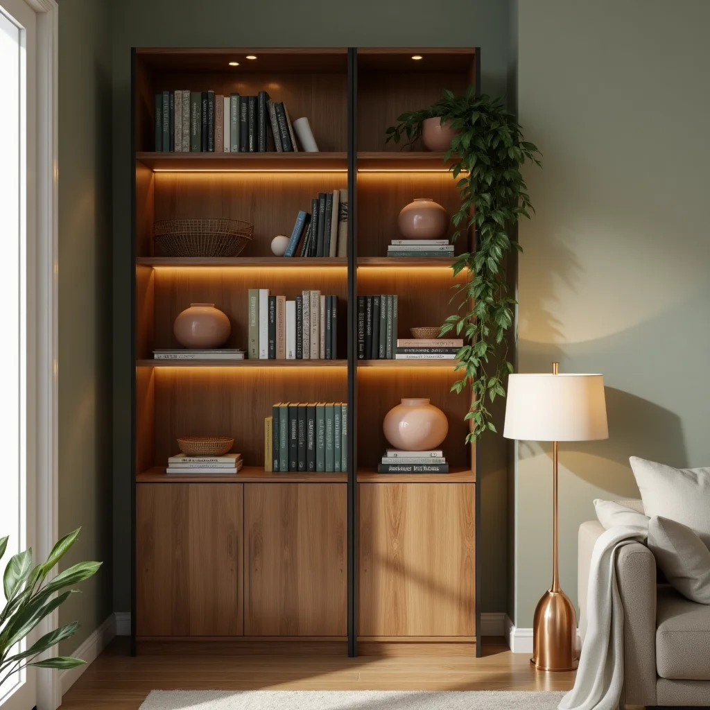 A modern wooden bookcase with integrated lighting, filled with books and decorative objects, next to a sofa and a floor lamp in a living room.