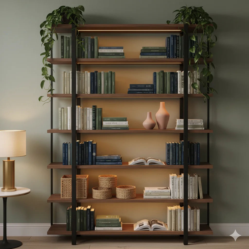 A tall, industrial-style etagere bookcase with black metal frame and wood shelves, filled with books, plants, and decorative items. 