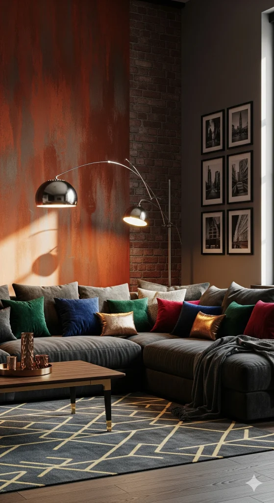 A modern living room with a large gray sectional sofa adorned with colorful pillows, a coffee table, and two arc floor lamps, set against a textured orange wall and exposed brick.