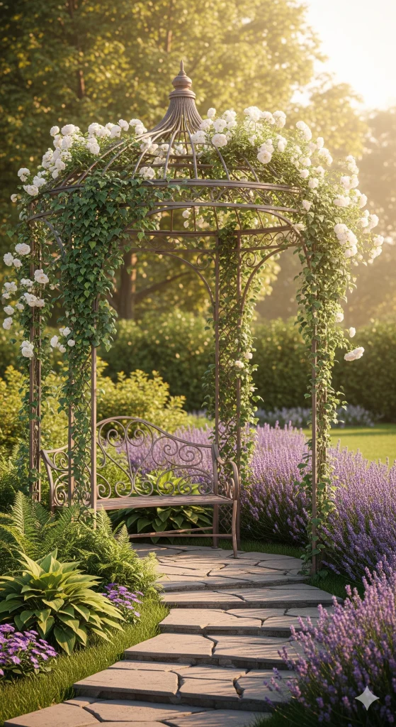 A garden gazebo covered in white climbing roses and green vines, with a bench and lavender plants in the foreground under dappled sunlight.