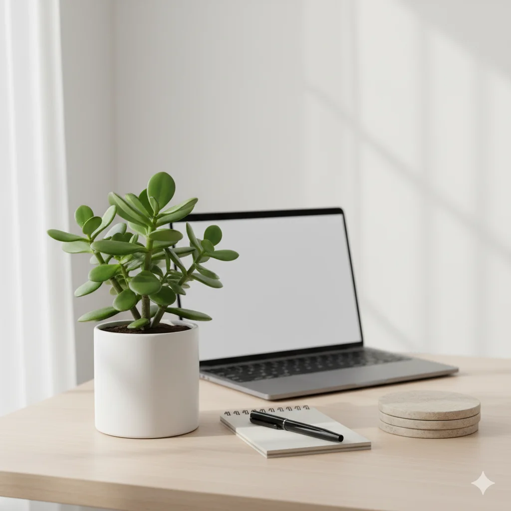 A jade plant in a small white planter styled on a minimalist desk