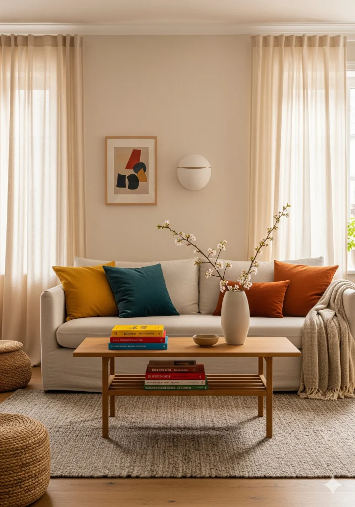 Home Design Trends: A cozy living room with a white sofa, colorful throw pillows in yellow, teal, and orange, a light wood coffee table with books and a vase of flowers, and a textured rug.
