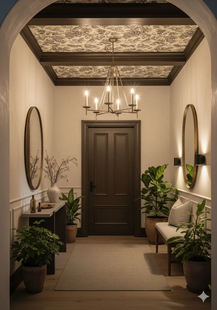 A well-decorated hallway with a dark brown door, a chandelier, two oval mirrors, potted plants, and a small bench.