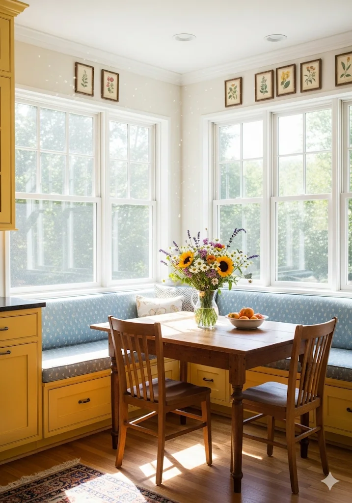 A cozy kitchen nook with a wooden table and chairs, a built-in bench with blue patterned cushions, and a vase of colorful flowers on the table, bathed in natural light from large windows.
