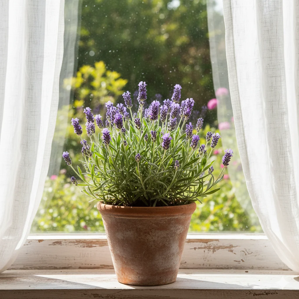 A lavender plant in a rustic clay pot, styled on a farmhouse windowsill with linen curtains