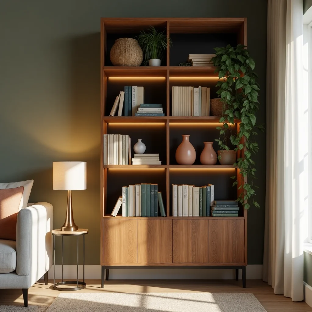 A modern wooden bookshelf with illuminated shelves filled with books, plants, and decorative vases, next to a white sofa and a lamp.