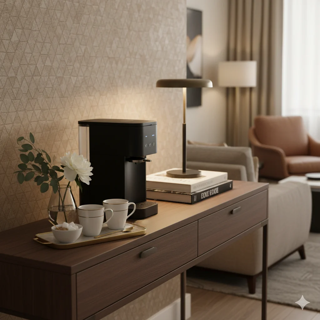 Home Coffee Station Ideas
A coffee station on a wooden console table with a coffee maker, cups, and a decorative lamp, in a room with a patterned wall and a living area in the background.