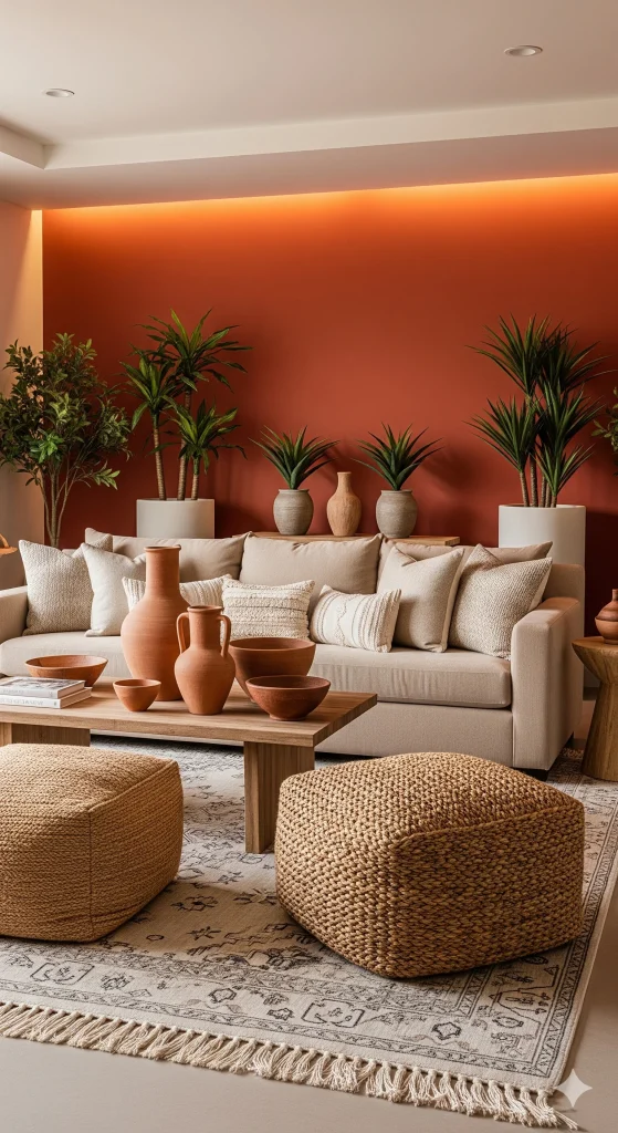 A living room with a beige sofa, terracotta-colored walls, and various plants and terracotta pottery.