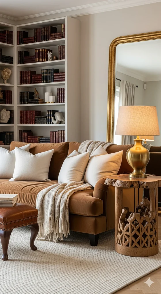 A cozy living room with a brown velvet sofa, white pillows, a gold lamp on a wooden side table, and a large bookshelf filled with books.