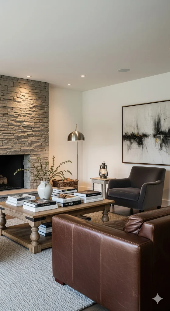 A cozy living room featuring a stone fireplace, a brown leather sofa, an armchair, and a wooden coffee table styled with books and a vase.