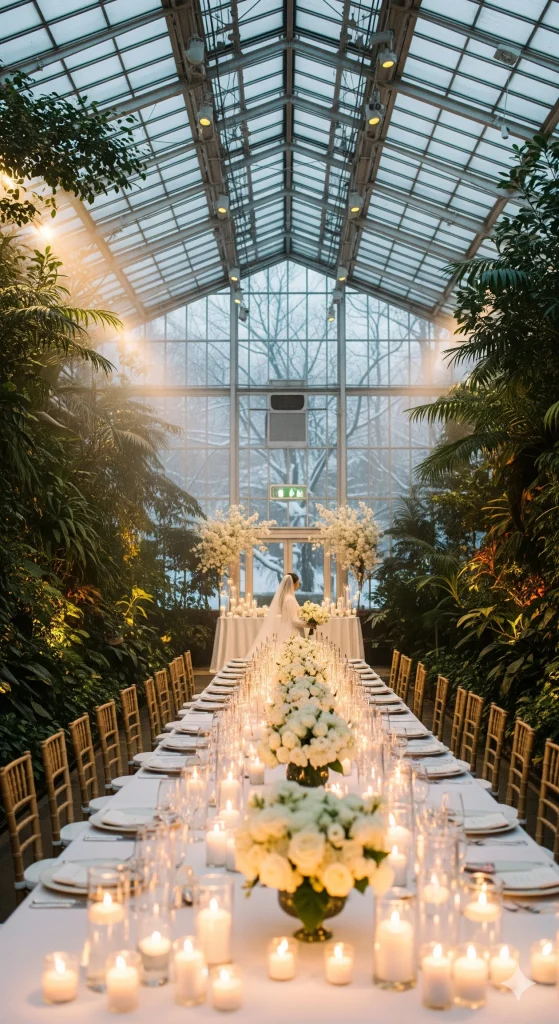 Winter Wedding Venues
A wedding reception in a lush greenhouse with a long candlelit table, floral arrangements, and a bride at the altar.