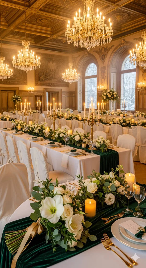 Winter Wedding Venues
A grand dining hall set for a formal event, featuring long tables draped in white, adorned with dark green runners, white floral arrangements, candles in candelabras, and large chandeliers illuminating the room with arched windows.
