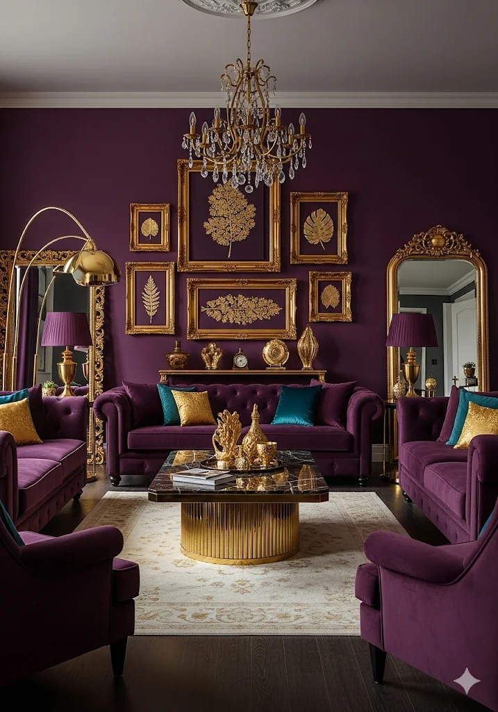 Luxurious maximalist living room with purple velvet furniture, gold accents, and teal throw pillows.