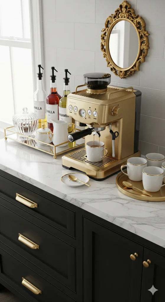 Home Coffee Station Ideas
A gold espresso machine on a marble countertop, surrounded by coffee cups, syrup bottles, and a decorative gold mirror.
